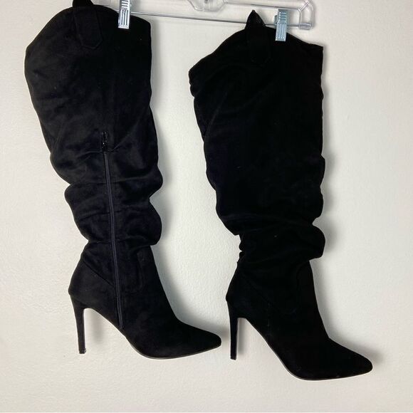 Ashley Stewart Diva Black Vegan Suede Over the Knee Spiked Heel Boots Size 9W - Picture 1 of 14